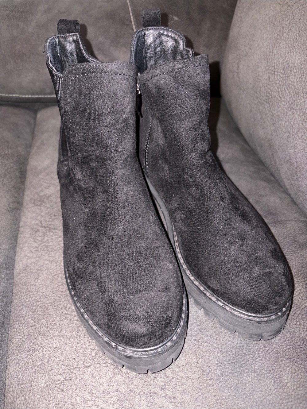 Women's Black Suede Ankle Booties - Zip & Lug Sole